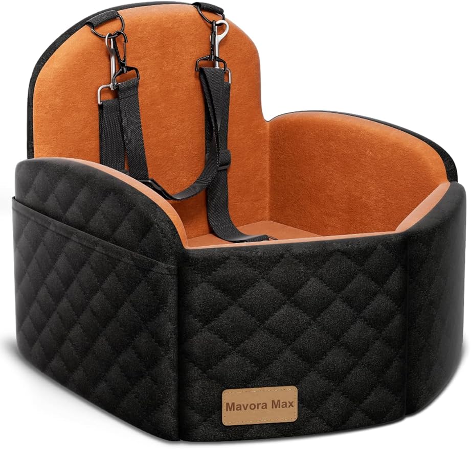 Mavora Max Dog Car Seat for Small/Medium Dogs, Elevated Dog Booster Seat Memory Foam Puppy Car Seat with Washable Cover, Travel Safety Pet Seat for Car with Storage Pockets Up to 35 lbs (Black/Brown)