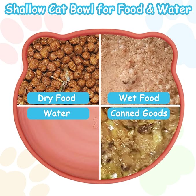 Silicone Cat Food Bowl Suction Cup Cat Dish 7" Shallow Cats Food & Water Bowls Set of 2 Non-Slip Kitty Plates Relief Whisker Fatigue Puppy Feeding Bowl for Dry & Wet Food (Beige)