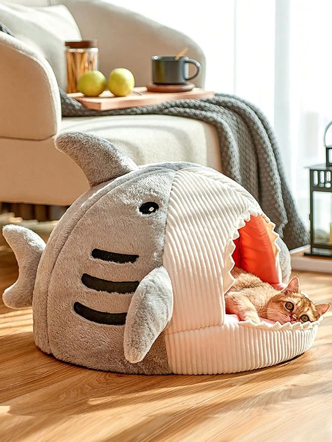 QWINEE Cat Mat Shark-Shaped Kennel Kitten Bed Hideout House Warm Soft Comfortable Semi-Closed Cat Dog Nest Grey Large