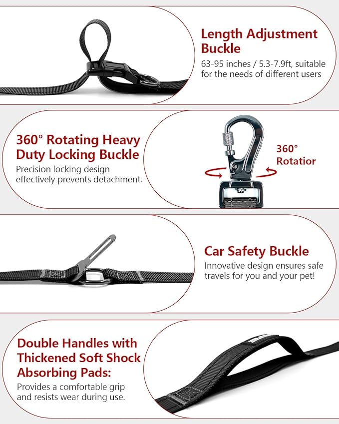 Hands Free Dog Leash, Crossbody Dog Leash, 5.3-7.8Ft Waist Belt with Car Seatbelt and Double-Sided Reflective,Walking, Jogging,Hiking, Travel etc.(Black)