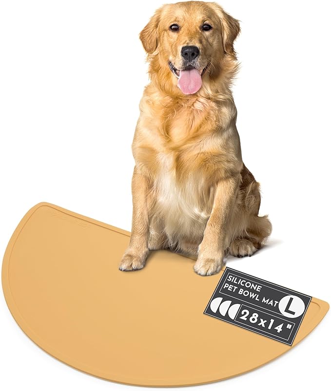 Should We Go? - Waterproof Silicone Pet Food Mat - Non-Slip, Spill-Proof Feeding Mats for Floors, Raised Edge Design, Easy-to-Clean, Rubber Mat for Dog & Cat Bowls, 28" Across x 14" Deep, Large-Honey