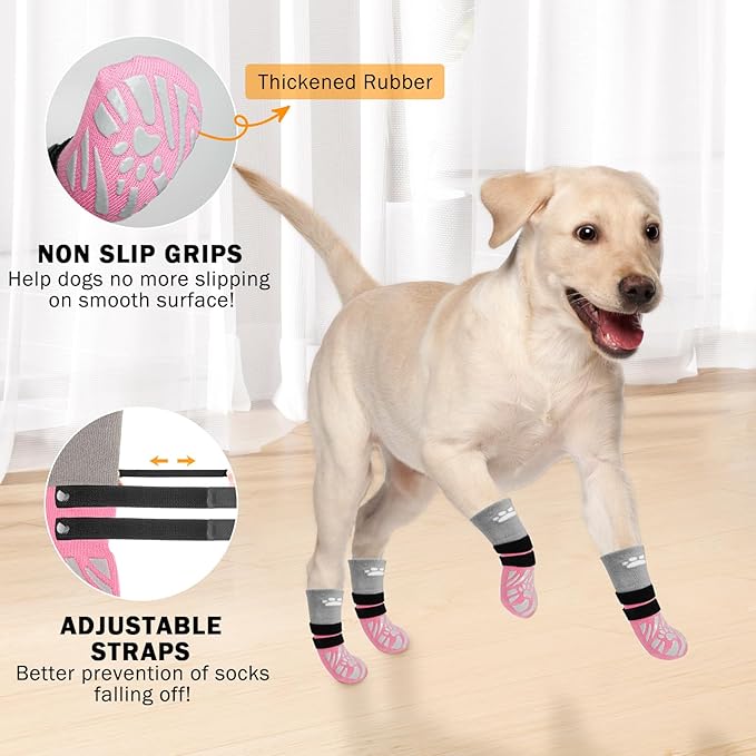 SCENEREAL Dog Socks to Prevent Licking Paws for Hot/Cold Pavement, Dog Boots & Paw Protectors for Small Medium Large Dogs, Senior Dog Grippy Socks Booties for Hardwood Floors Winter Outdoor, Pink L
