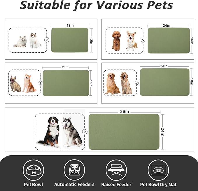 Dog Food Mat - Absorbent Cat Mat for Food and Water, No Stains Pet Feeding Bowl Mat, Easy to Clean Pet Placemats, Quick Dry Dog Water Dispenser Mat for Messy Drinkers | Green 16"x 24"