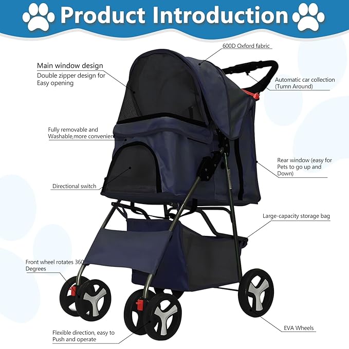 Pet Stroller 4 Wheels Dog Cat Stroller for Medium Small Dogs Cats, Folding Cat Jogger Stroller with Storage Basket & Breathable Mesh, Easy to Walk Travel Carrier