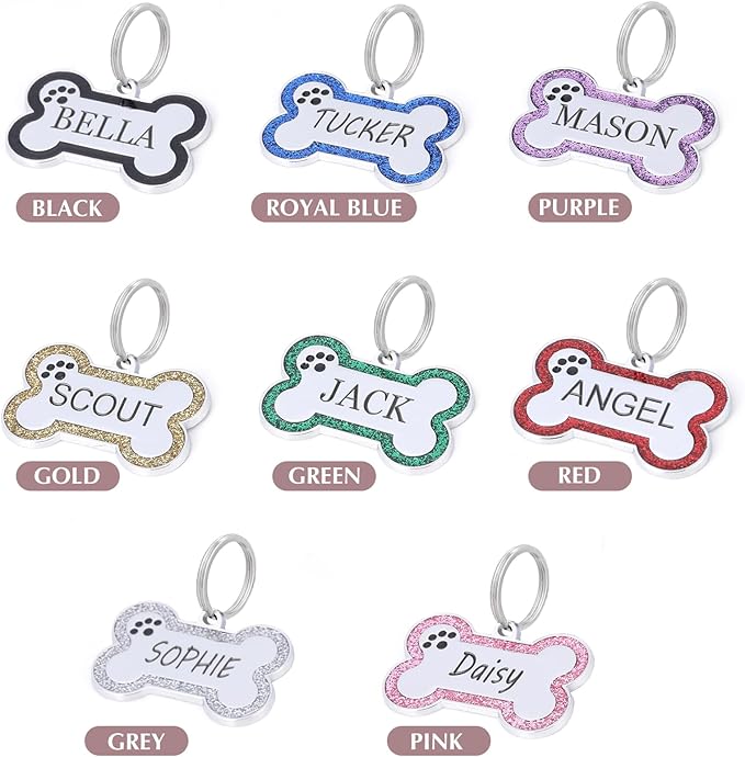 Personalized Dog Tags - Stainless Steel Deep Engraved Glitter Bone Shape Pet ID Tag, Double Sided Custom Text, Lightweight Durable Cat Dog Name Tag (Pink, L)