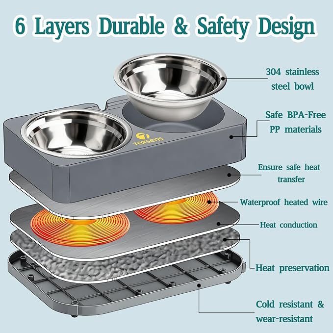Heated Cat Bowl for Outdoor Pets - Double Stainless Steel Food & Water Bowls with Chew-Resistant Cord - Fully Waterproof Winter Feeding Station for Cats and Dogs - 20.3 OZ Each