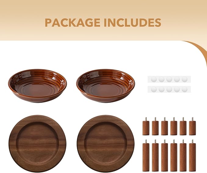 2 Sets of Elevated Ceramic Cat Dish, Wide Whisker Friendly Anti-Slip Food & Water Bowl with 2 Heights Adjustable Acacia Wooden Stands(2 Dishes +2 Stands, Caramel Brown)