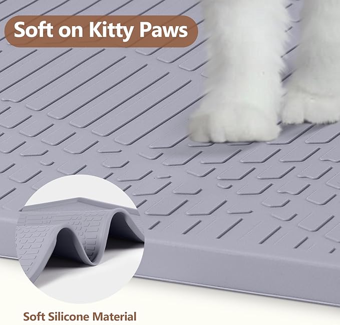 Large Cat Litter Mat with Toy Ball, 34'' x 22'' Silicone Cat Litter Trapping Mat for Scatter Control, Soft on Kitty Paws, Easy to Clean (Light Grey)