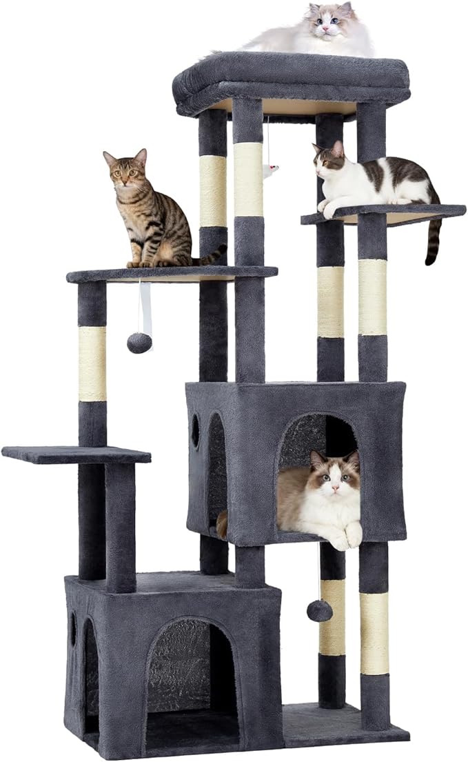 Cat Tree - 157cm Tall, Sisal Wrapped Scratching Post, Cat Nest, Hanging Ball, Extended Platform