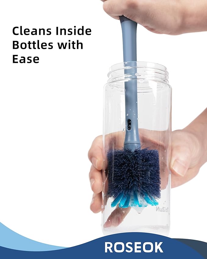 ROSEOK 2in1 Bottle Scrubbing Brush with Straw Brush has Long and Comfortable Handle, Cleaning Glass, Sports Bottle, Coffee Mug,1 Pack, Grayish Blue