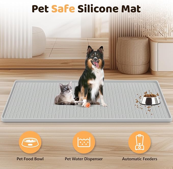 Bartuke Silicone Cat & Dog Food Mat, 28" x 22" Large Pet Feeding Mat for Cats and Dogs Bowl, Pet Placemat for Food and Water with Raised Edge, Waterproof, Leakproof (Grey)