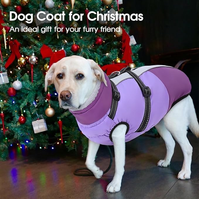 SUNFURA Large Dog Coat with Harness Built in, Warm Dog Jacket Waterproof Pet Winter Coat Snowsuit for Cold Weather, Reflective Fleece Jacket for Large Dogs, Border Collie, Purple XL