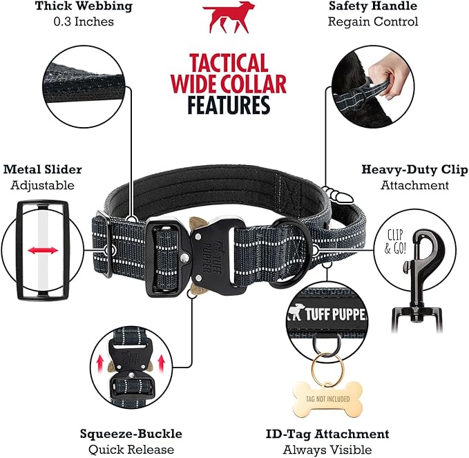 Tuff Pupper Tactical Dog Collar with Handle | Heavy Duty Adjustable Dog Collar | Military Nylon Collar for Medium Dogs | Quick-Release Buckle | Soft Padded Comfort | Training Control (Black, Medium)
