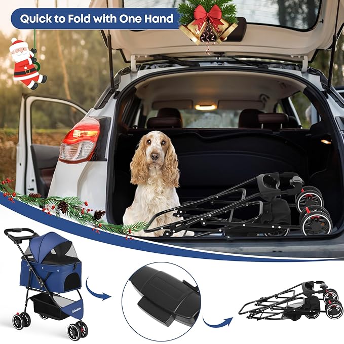 Pet Stroller,Dog Stroller for Small Medium Dogs Cats,3 Wheels,Foldable,with Breathable Mesh Canopy,Cup Holders,Easy Assembly,Navy Blue