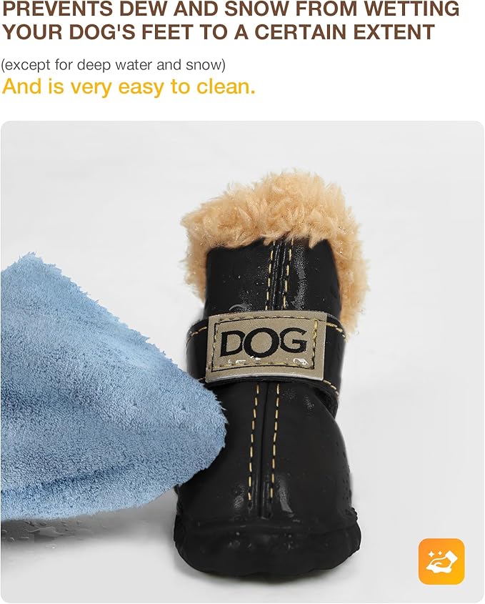 Winter Dog Boots & Paw Protectors: Outdoor Anti-Slip Dog Snow Shoes, Dog Booties Provide Warmth to Dogs Paws from Ice and Snow, Rubber Sole PU Leather Upper Faux Fleece-Lined, Black Dog Shoes Size 3