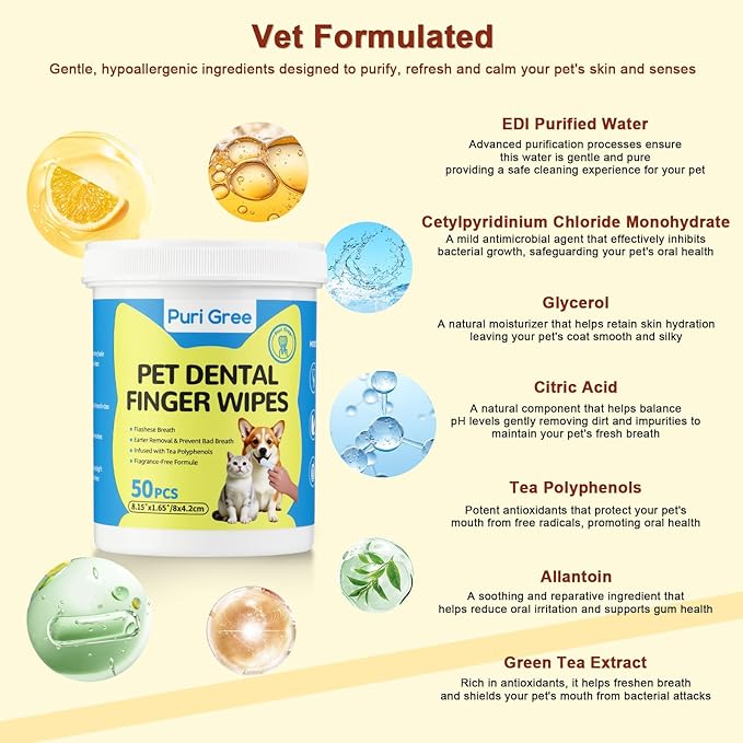 Teeth Cleaning Wipes for Dogs & Cats, Dog Dental Care Finger Wipes, PURIGREE Dog Tooth Brushing Kit, Reduces Plaque,Disposable Dog Wipes-50 Count