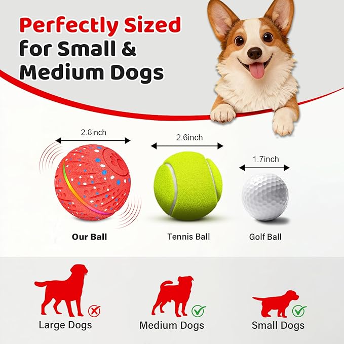 Sankell Interactive Dog Toys Ball - Smart Moving Bouncing Dog Ball with RGB Lights, E-TPU Material, 3 Play Modes Automatic Rolling Balls Toy for Small Medium Dogs Keep Them Busy(Red)