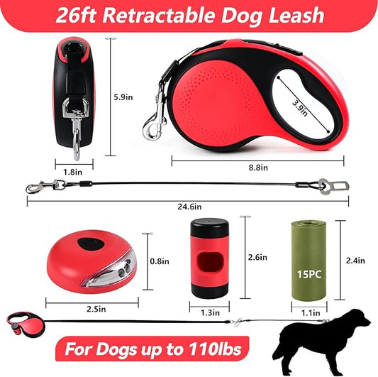 ODRIEW Heavy Duty Retractable Dog Leash for Large Dogs, 26ft Dog Leash with Poop Bag Holder, Up to 110lbs, chew Proof Cable, LED Light, 360° No-Tangle, One-Handed Pause & Locked. (Red, L 26ft)