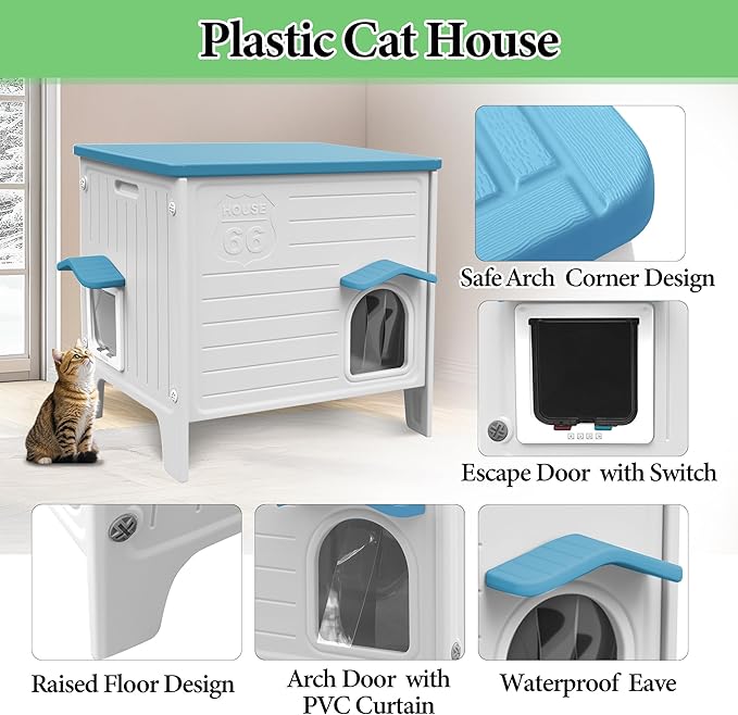 Deblue Outdoor Cat House Weatherpoof Large Plastic Cats Houses with Escape Door Indoor Waterproof Feral/Pet Cat Shelter Outside for Multiple Cats (Blue)