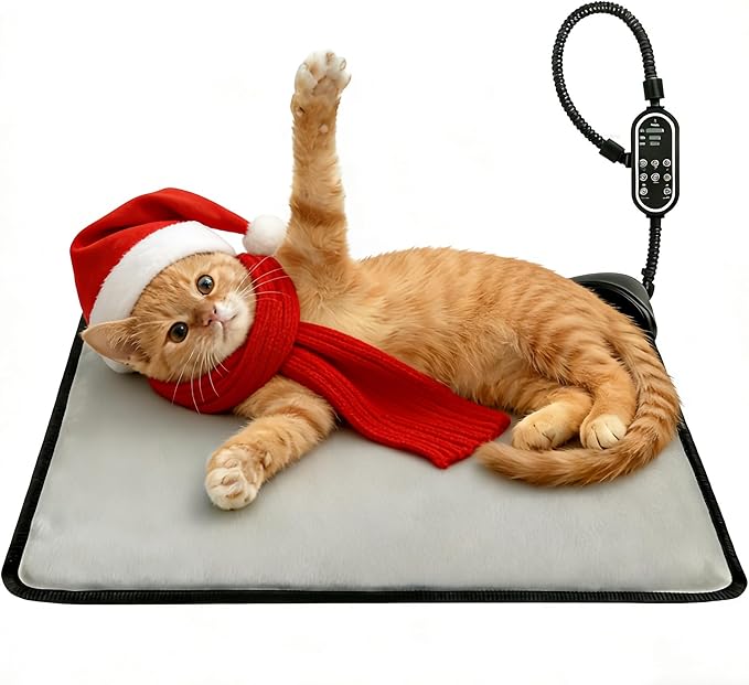 Pet Heating Pad for Cats & Dogs,Safe Electric Cat Warming Pad with Chew Resistant Cord,Automatic Induction Heated Cat Bed,Adjustable Temperature & Time (Light Grey, 17.7" x 17.7")