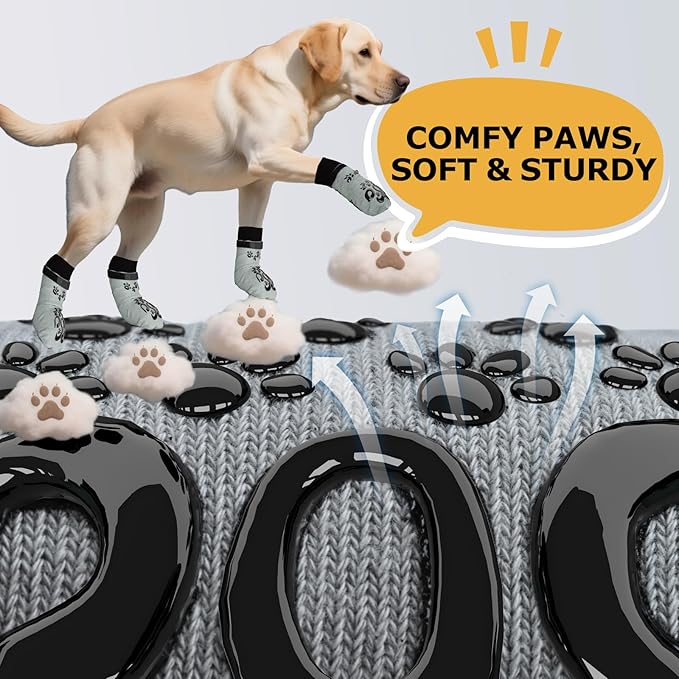 Anti Slip Dog Socks to Prevent Licking Paws - Double Side Dogs Paw Grip Sock for Hardwood Floors, No Twist Dog Booties Grippy Socks for Small Medium Large Senior Dogs, Light Grey and Black, M