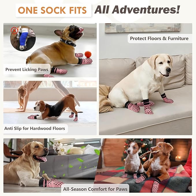 Non Slip Dog Socks to Prevent Licking Paws Grippy Socks for Senior Dog on Hardwood Floors Anti Slip Dog Socks for Hot Pavement Double Side Paw Protector Prevent Scratching Pink XXL