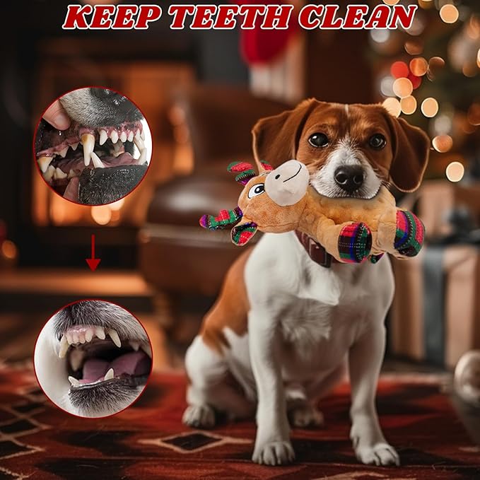 Dog Toys Squeaky Interactive Puppy Teething Chew Toy Deer Shape Stuffed PP Cotton Crinkle Sound Paper Tail, for Large Medium Small Breeds Indoor Outdoor Play，Christmas