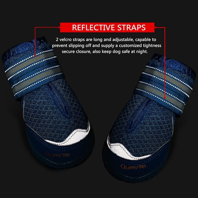 QUMY 4PCS Dog Boots for Large Dogs, Medium Dog Shoes & Paw Protectors for Hot Pavement, Summer Heat Protection, Mesh Breathable Nonslip Dog Booties for Hardfloors, Walking Running Hiking Blue Size 8
