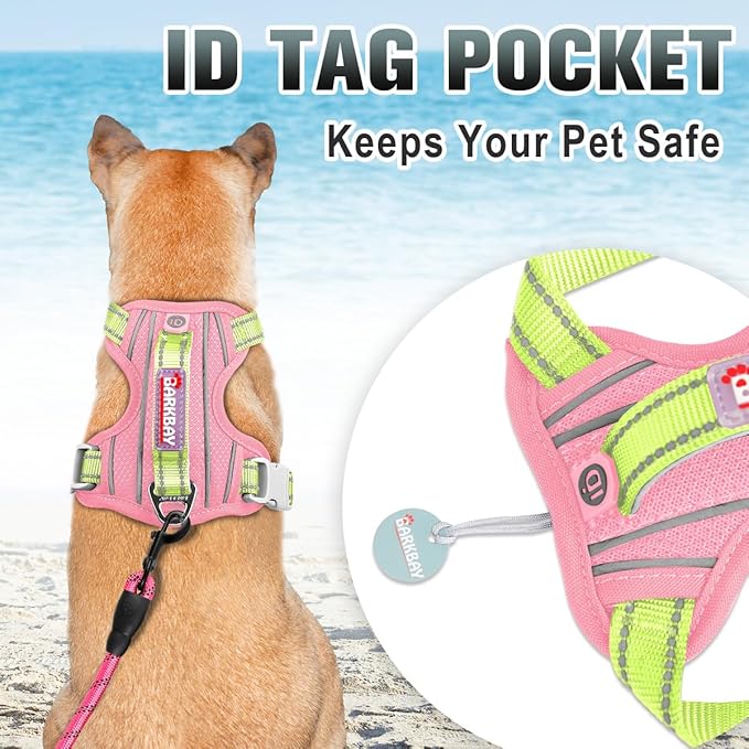BARKBAY No Pull Dog Harness Large Reflective Dog Harness with Front Clip and Easy Control Handle for Walking Training Running with ID tag Pocket(Baby Pink & Sunlight,M)
