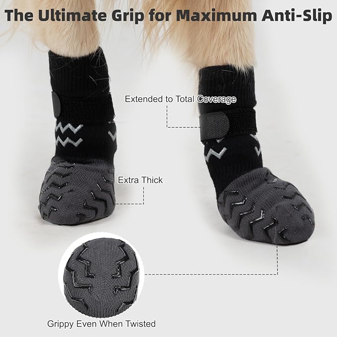 Anti Slip Dog Socks to Prevent Licking Paws, Dog Shoes for Cold/Hot Pavement, Winter Pet Booties for Small Medium Large Senior Dogs, Boots & Paw Protectors for Hardwood Floors Traction Control