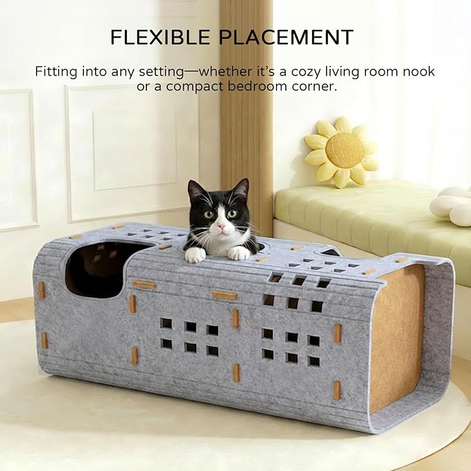 3 Storey Cat House for Indoor Cats,Foldable Large Cat Beds with Felt,Scratch Resistant,Cat Condos with Fluffy Balls,Cat Castle with Hideway Tunnel,Cat Playhouse for Multicats (Light Grey)
