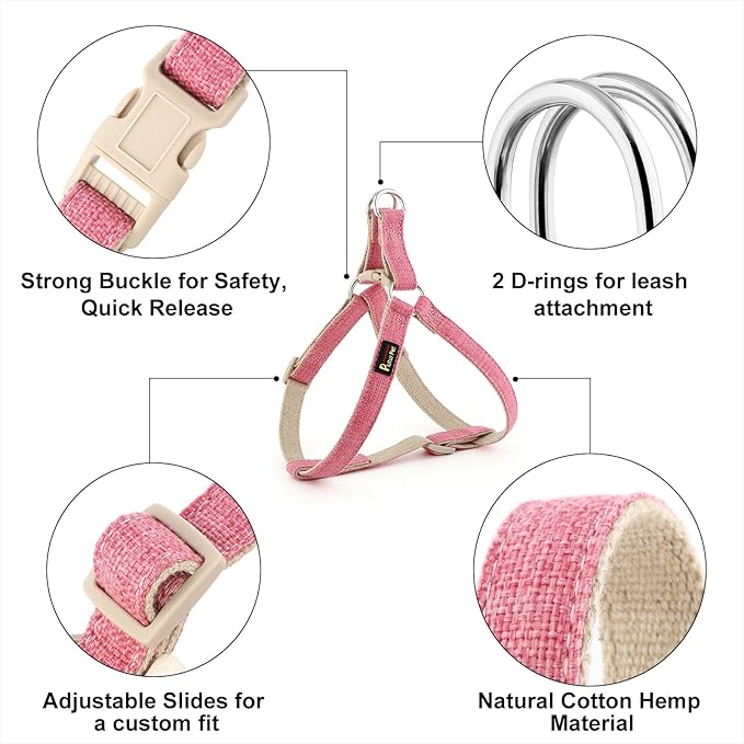 Plutus Pet Cotton Hemp Step in Dog Harness, Sustainable, Lightweight and Escape-Proof, Quick Fit Dog Harness for Puppy Small Medium and Large Dogs, Hot Pink, L