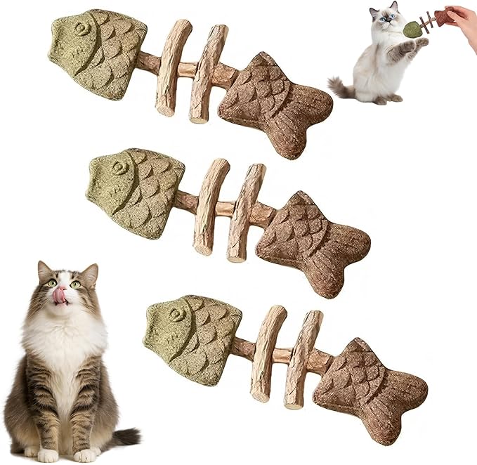 3PCS Cat Dental Toy, Creative Fish Bone Cat Toy, Wooden Catnip Teeth Cleaning Stick, Catnip Fish Bone for Teeth Cleaning, Interactive Kitten Chew Playthings (Mixed Flavors)