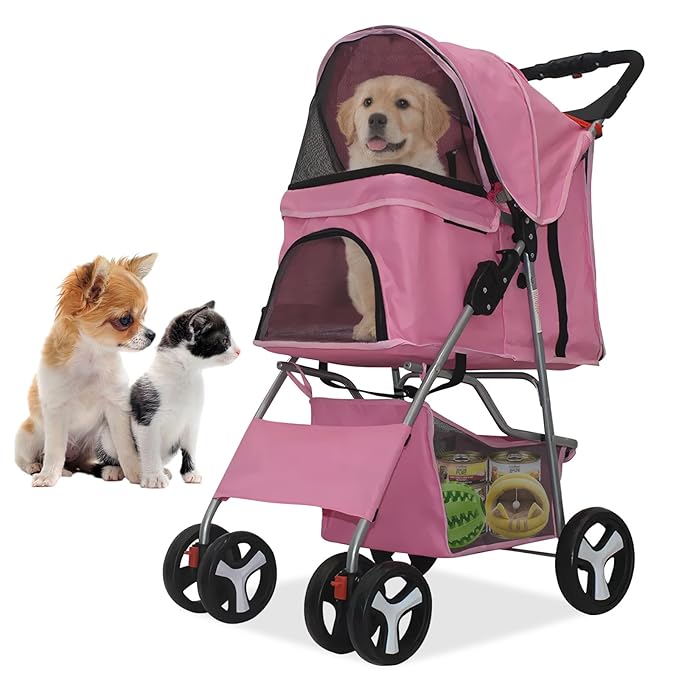 Pet Stroller 4 Wheels Dog Cat Stroller for Medium Small Dogs Cats, Folding Cat Jogger Stroller with Storage Basket & Breathable Mesh, Easy to Walk Travel Carrier