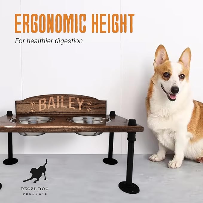 Elevated Dog Bowl Stand with Stainless Steel Bowls | Raised Dog Feeder | Oak Wood with Industrial Pipe Legs | Waterproof Finish | Handmade in USA (Custom Backsplash)