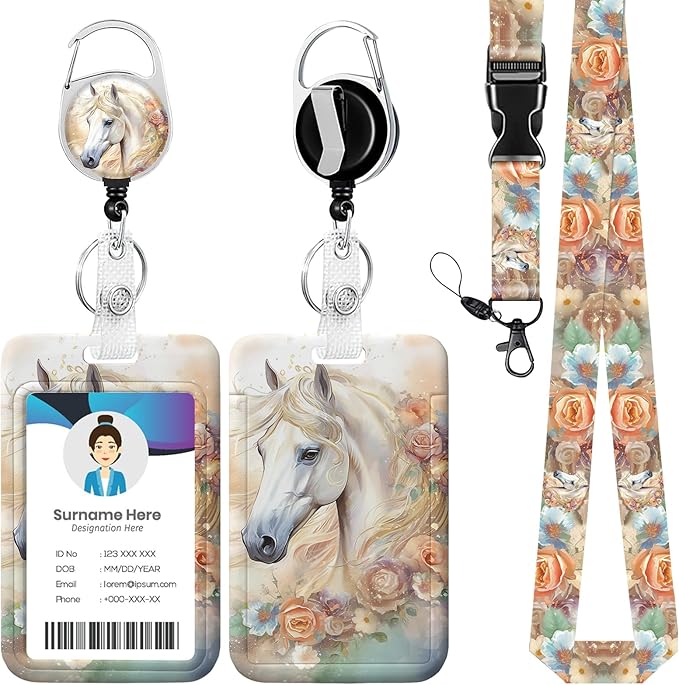 Horse Flower ID Badge Holder with Lanyard, Colorful Floral Retractable Lanyards for ID Badges Name Tag Clips, Funny Nurse Teacher Office Student Gift
