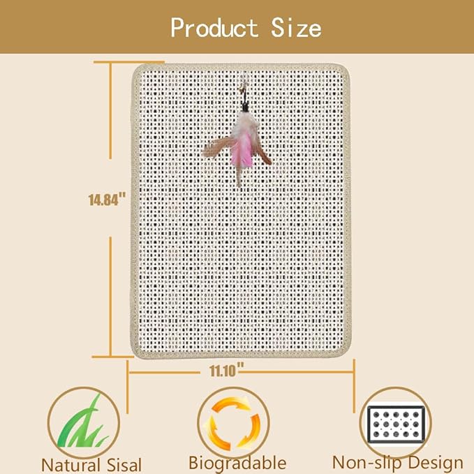 Cat Nail File Scratcher- Natural Sisal Scratching Pad with 80-Grit Aluminum Oxide, Wrap-Around Design for Trimming Cat Nails, Repairing Cat Trees& Posts (14.84"x11.10")