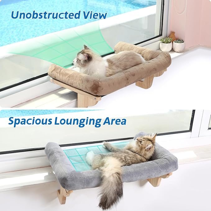 Zakkart Cat Perch for Window Sill with Bolster - Orthopedic Hammock Design with Premium Hardwood & Robust Metal Frame - Cat Window Seat for Large Cats and Kittens - Natural Color Wood Brown Bed, 24''W