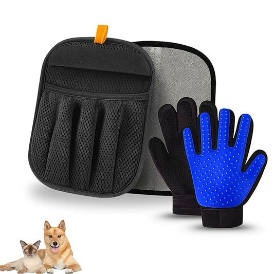 Pet Grooming Glove & Hair Remover Mitt [2 Piece Combo Set] -Deshedding Brush & Fabric Lint Remover for Cats & Dogs – Gentle Massage, Easy Hair Removal from Furniture & Clothes