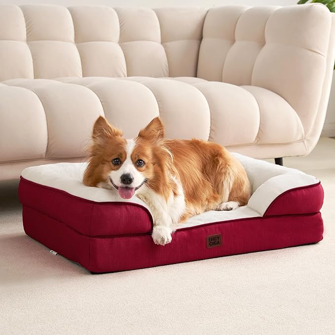 EHEYCIGA Orthopedic Dog Bed for Small Dogs, Waterproof Memory Foam Small Dog Beds with Sides, Non-Slip Bottom and Egg-Crate Foam Medium Pet Couch Bed with Washable Removable Cover,Red
