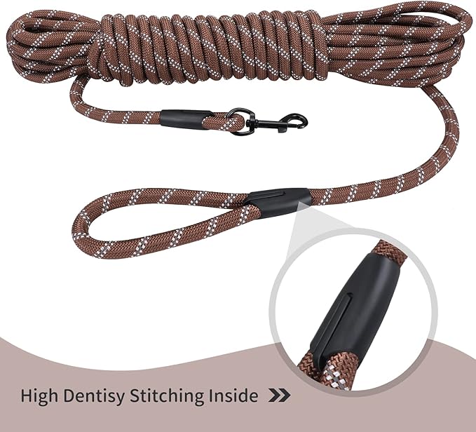 Long Dog Leash for Training 30Ft-Reflective Nylon Rope with Swivel Hook-Recall Agility Lead for Large Small Medium Dogs Outside Walking Hiking-Brown