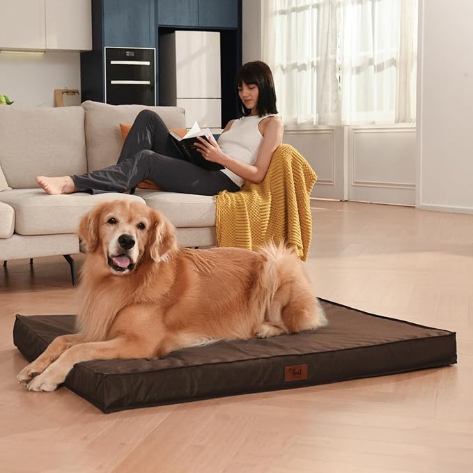 Outdoor Large Washable Dog Bed, Orthopedic Egg Crate Foam Dog Crate Mat for Large Dogs with Removable Oxford Cooling Cover, Brown