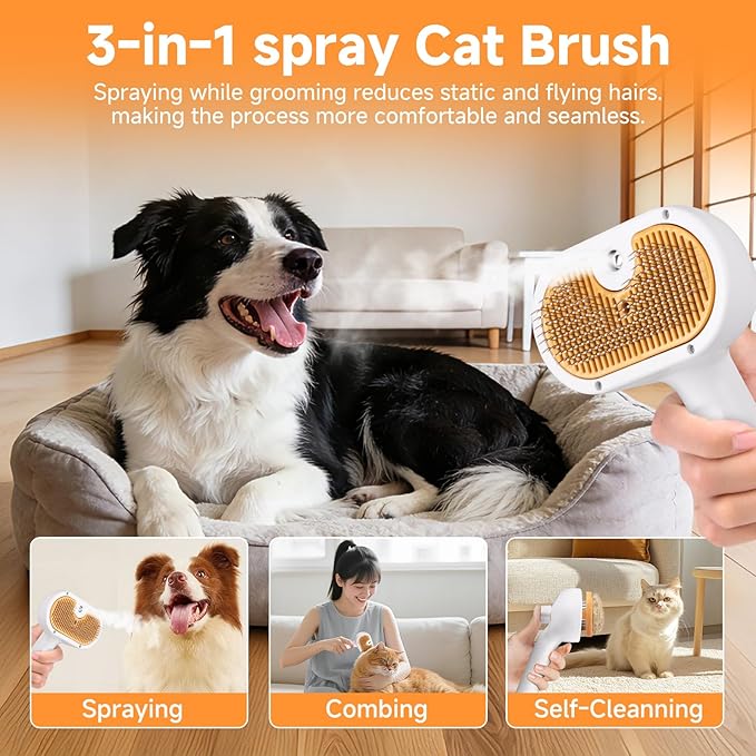 Pet Steam Brush for Dog & Cat – 3-in-1 Spray Hair Removal Comb for Shedding & Grooming, Softens Fur & Reduces Static – Water Brush for Long & Short Coats, Bath-Hating Pets, Includes Waterless Shampoo