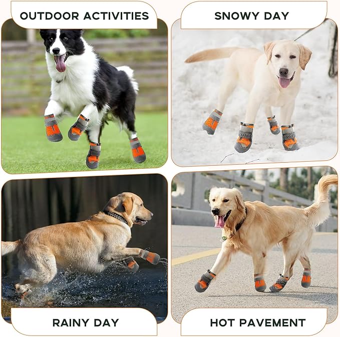 Dog Booties,Waterproof Dog Shoes for Large Medium Small Dogs,Suitable for Summer Hot Pavement,Adjustable Non-Slip Rubber Paw Protector (Orange, #8 (Width 3.0 inch) for 74-91 lbs)