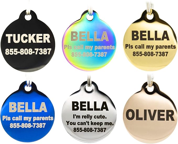 Engraved Dog Tags Personalized - Stainless Steel Engraved Dog Cat ID Tags Front & Back up to 8 Lines of Text Color Plating Gold, Rose Gold, Blue, Black, Nebula Round Regular