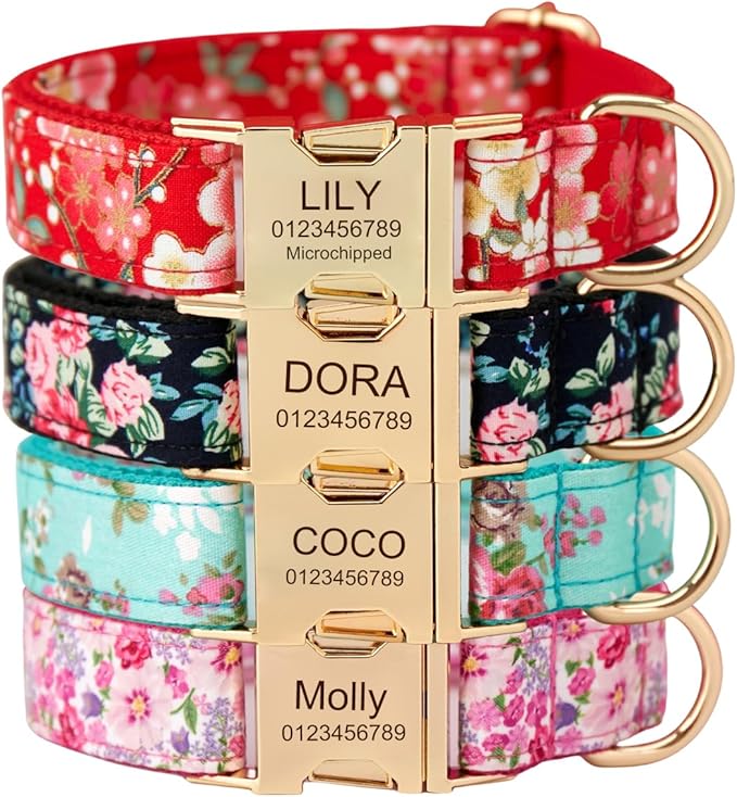 Personalized Dog Collar with Engraved Metal Buckle - Custom Name & Phone Number - Adjustable for Small, Medium, Large Breeds (Floral)
