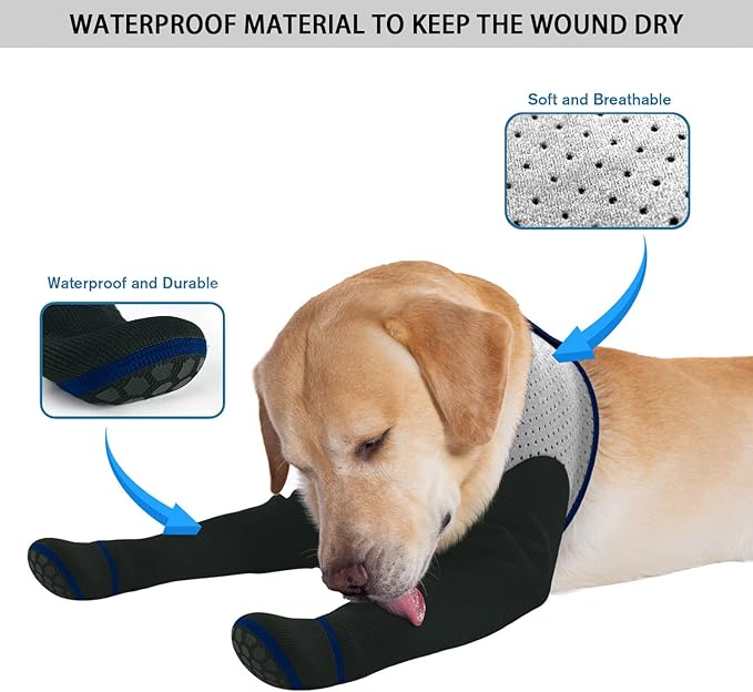COODEO Dog Socks & Paw Protectors - Front Paws Only, Non-Slip Waterproof Dog Boots to Prevent Paw Licking, Protect Wounds & Aids Post-Surgery Recovery (Grey, XL)