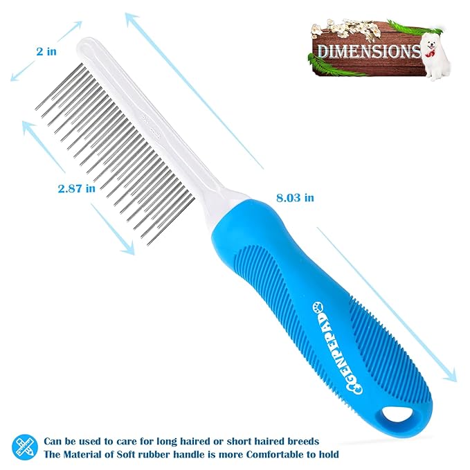 Grooming Comb for Dogs and Cats with Long & Short Stainless Steel Metal Fine Teeth for Detangling Matted Hair - Pet Detangler Comb for Removing Tangles, Knots, Loose Fur from The Undercoat