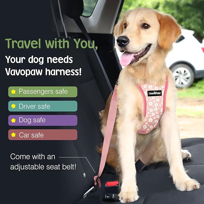 VavoPaw Dog Seat Belt, Safety Vest Dog Car Harness with Adjustable Buckle Dog Seat Belt for Vehicle Nylon Pet Safety Seat Belts Heavy Duty(XL, Pink Daisy)