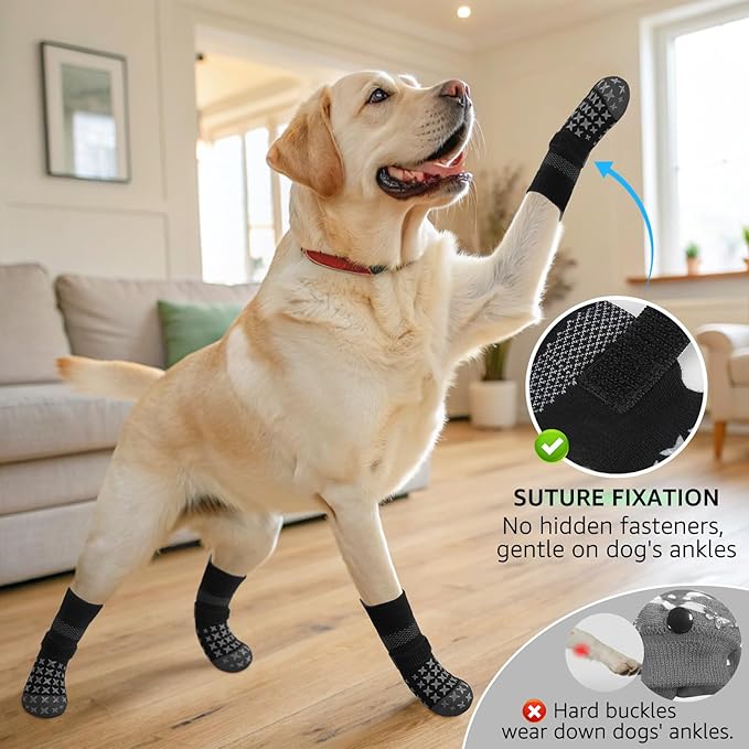 SCENEREAL Anti Slip Dog Socks to Prevent Licking Paws, Dog Booties & Paw Protectors for Hot Pavement Hardwood Floors, Traction Control for Small Medium Large Senior Dogs, Grey L